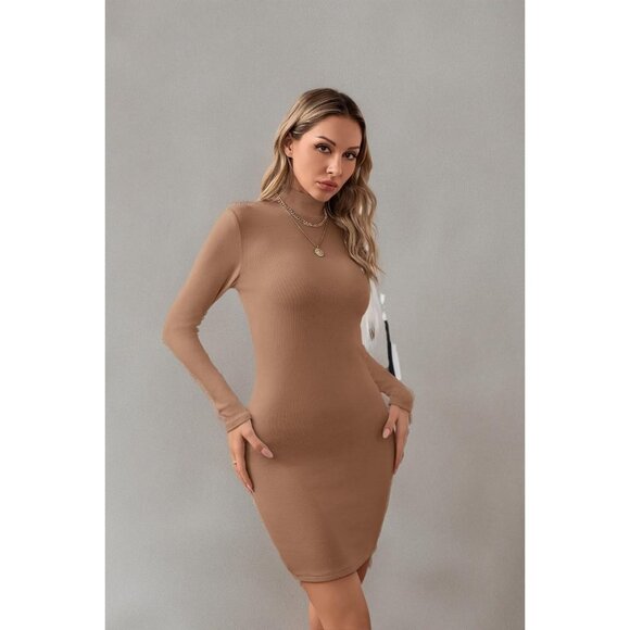 Women Khaki Ribbed Knit Mock Neck Bodycon Long Sleeve Mini Pencil Dress - Picture 8 of 8